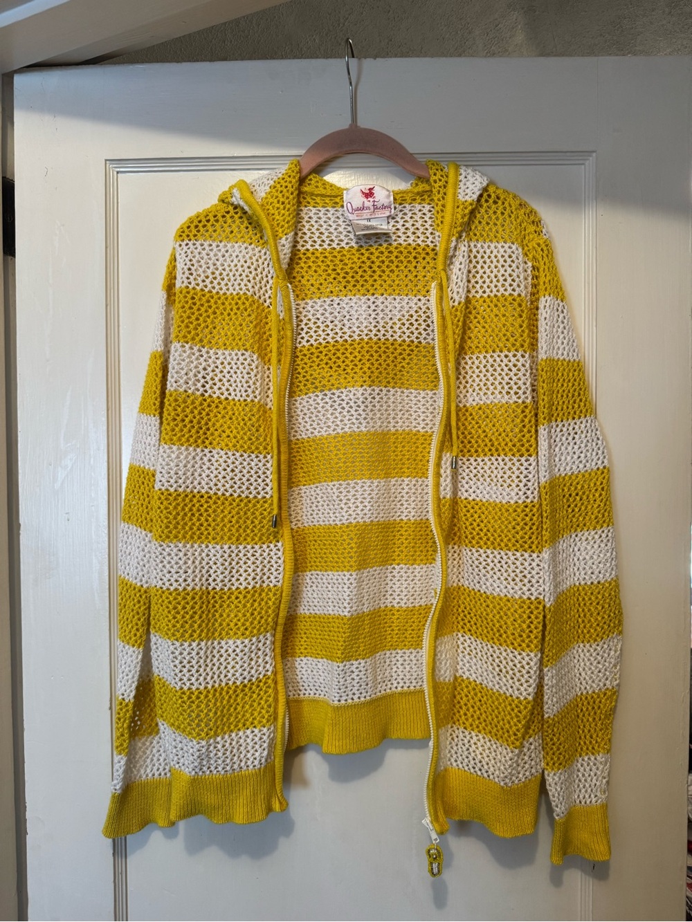 Quacker Factory Yellow & White Striped Hooded Knit Zip Cardigan